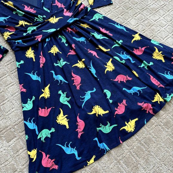 ModCloth Jessy B Navy Multicolor Novelty Dinosaur Dress Size XL V Neck Faux Wrap - Picture 5 of 7